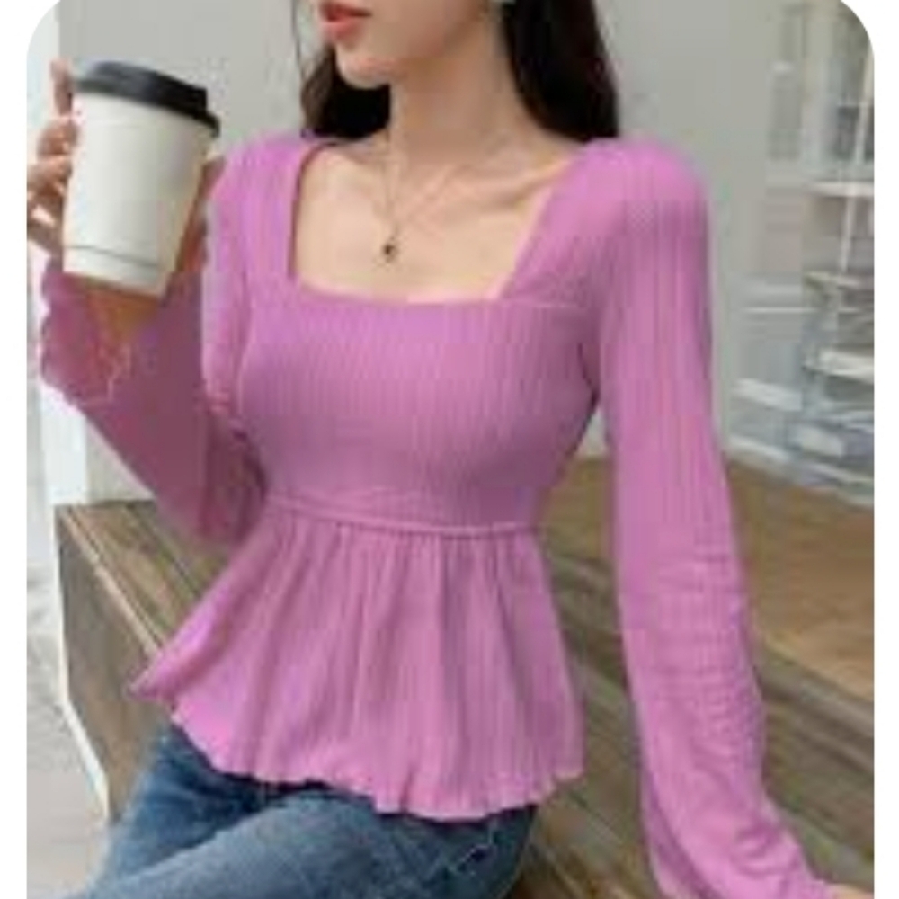 Pink Waffle Knit Square Neck Top
